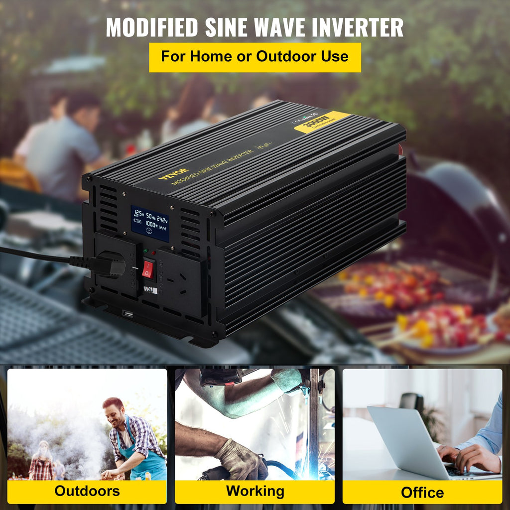 VEVOR Power Inverter Modified Sine Wave Inverter 3000W DC 12V to AC 240V w/LCD