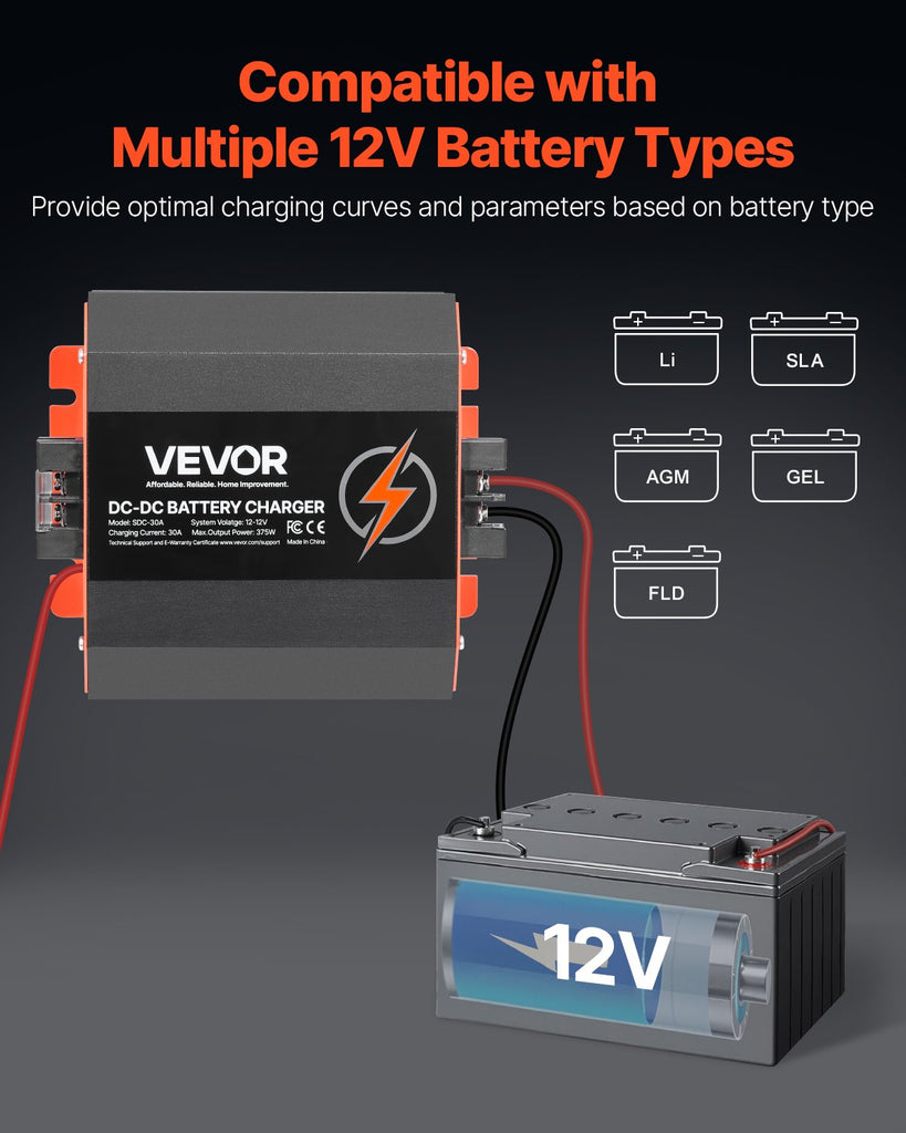 VEVOR 12V 30A DC to DC Charger Battery Charger 375W for Lead-Acid Lithium AGM