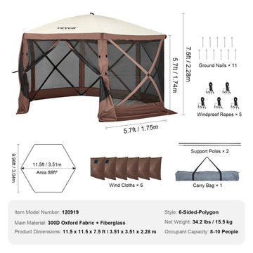Pop Up Gazebo Tent, Pop-Up Screen Tent 6 Sided Canopy Sun Shelter with 6 Removable Privacy Wind Cloths & Mesh Windows, 1