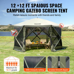 Pop Up Gazebo Tent, Pop-Up Screen Tent 6 Sided Canopy Sun Shelter with 6 Removable Privacy Wind Cloths & Mesh Windows, 12x12FT Quick Set Screen Tent with Mosquito Netting, Army Green