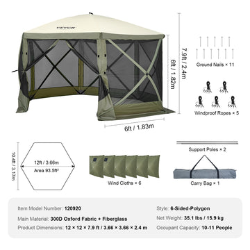 Pop Up Gazebo Tent, Pop-Up Screen Tent 6 Sided Canopy Sun Shelter with 6 Removable Privacy Wind Cloths & Mesh Windows, 1
