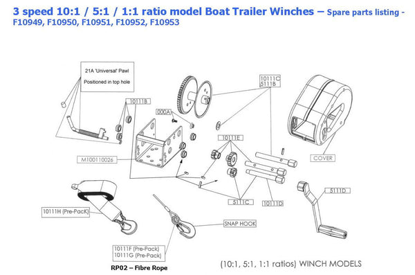 Jarrett 3-Speed 10:1/5:1/1:1 Hand Winch 1000 kg
