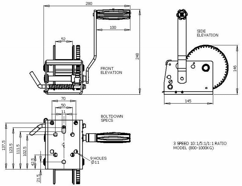 Jarrett 3-Speed 10:1/5:1/1:1 Hand Winch 800 kg