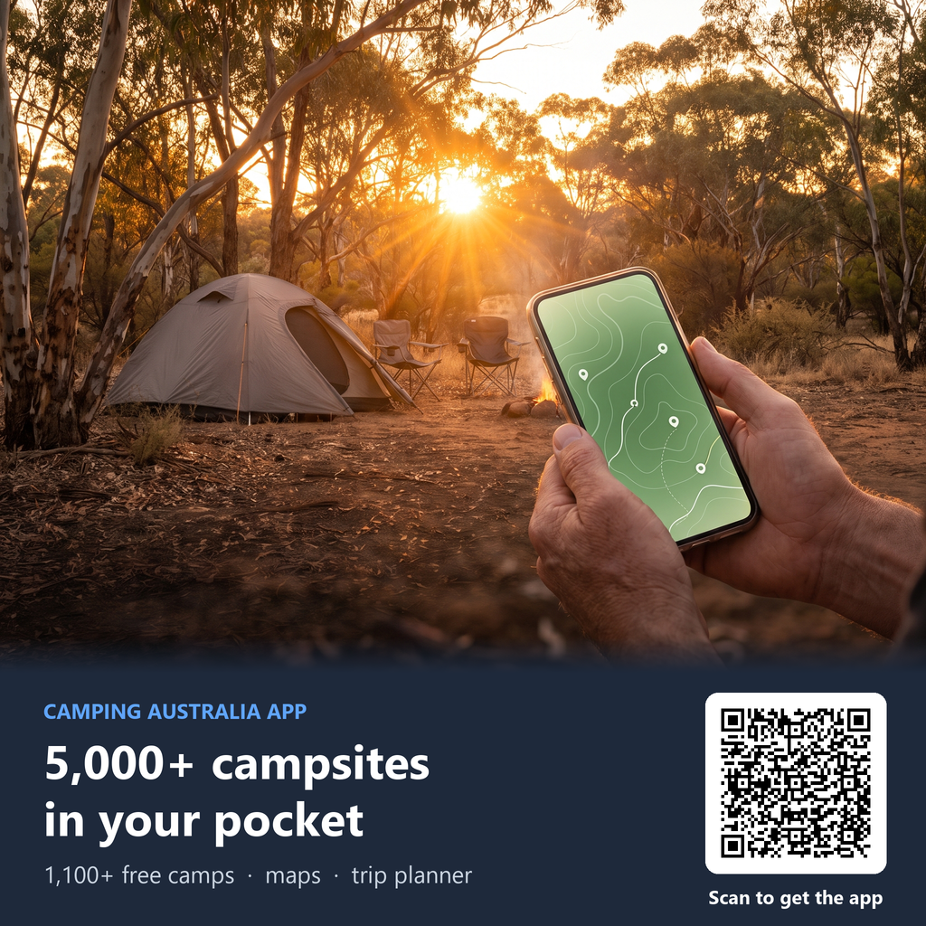 Scan the QR code to download the free Camping Australia app - 5,000+ campsites and 1,100+ free camps in your pocket