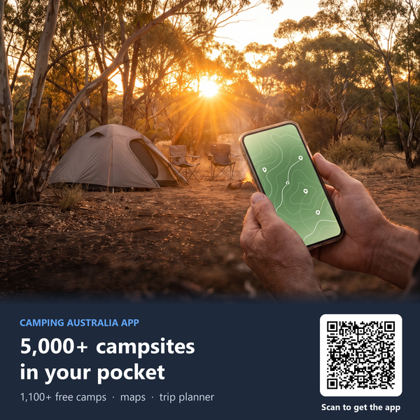 Scan the QR code to download the free Camping Australia app - 5,000+ campsites and 1,100+ free camps in your pocket