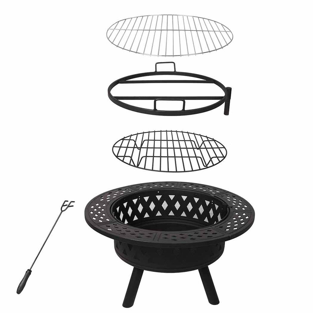 Moyasu Fire Pit BBQ Grill Outdoor Fireplace Camping Firepit Steel Portable 38"