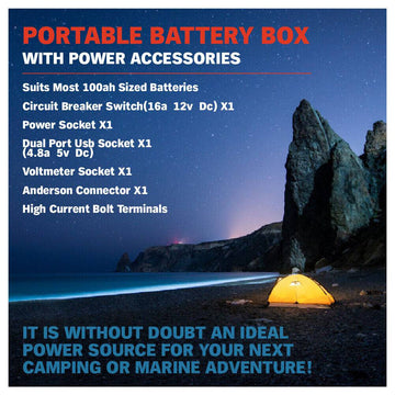 12V 100AH Deep Cycle Battery Box Portable Power Storage Marine Solar USB Camping
