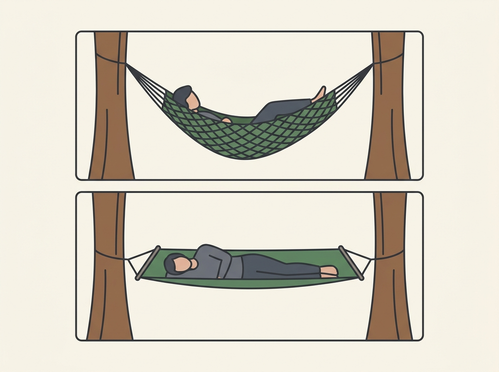 Diagram comparing a traditional gathered-end hammock sagging into a deep curve with a lay-flat hammock tent held open by spreader bars