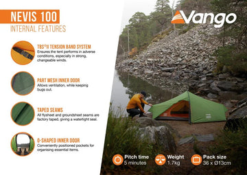 1 Person Camping & Hiking Tent - Nevis 100 Tent - 1.70kg by Vango
