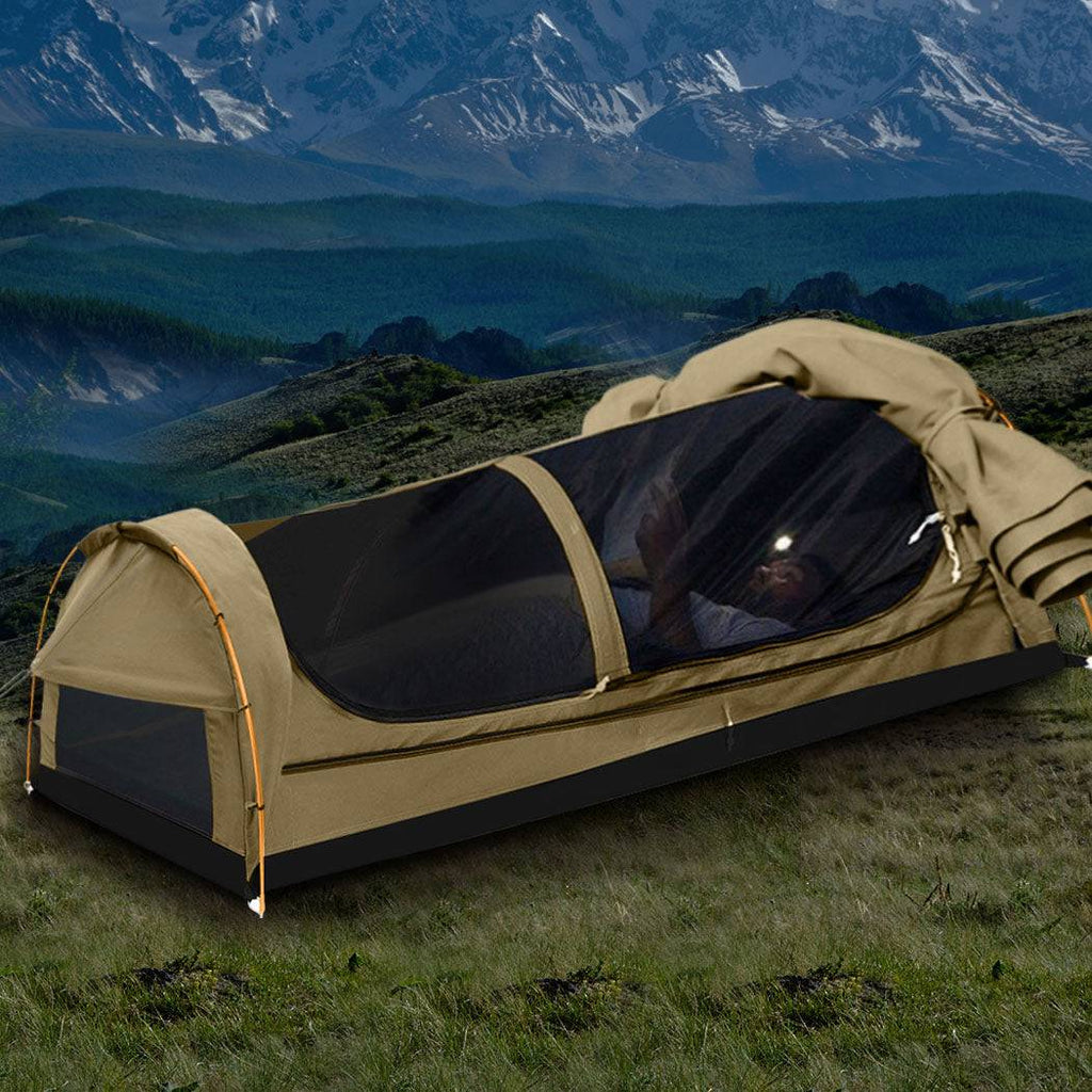 Mountview Double Swag Camping Swags Canvas Dome Tent Hiking Mattress Khaki
