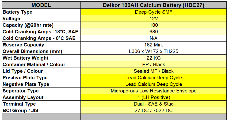 Delkor HDC27 100ah Calcium Battery
