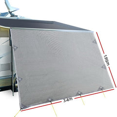 3.4M Caravan Privacy Screens 1.95m Roll Out Awning End Wall Side Sun Shade - Camping Australia