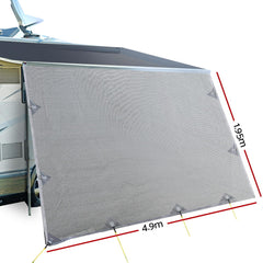 4.9M Caravan Privacy Screens 1.95m Roll Out Awning End Wall Side Sun Shade - Camping Australia