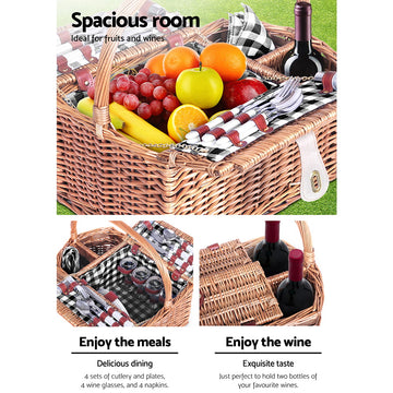 Alfresco 4 Person Picnic Basket Set Basket Outdoor Insulated Blanket Deluxe - Camping Australia
