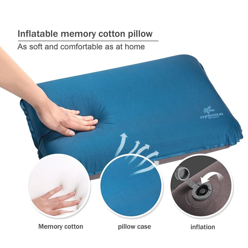 Self Inflating Camping Pillow with Ergonomic 4D Support - Blue - Camping Australia