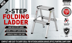 2-Step Portable Folding Ladder, Aluminum Frame Lightweight Home Ladder with Anti Slip Design, 150KG Capacity - Camping Australia