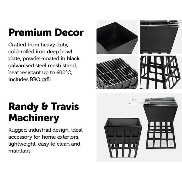 Black Fire Pit Square Log Patio Garden Heater Outdoor Table Top BBQ Camping - Camping Australia
